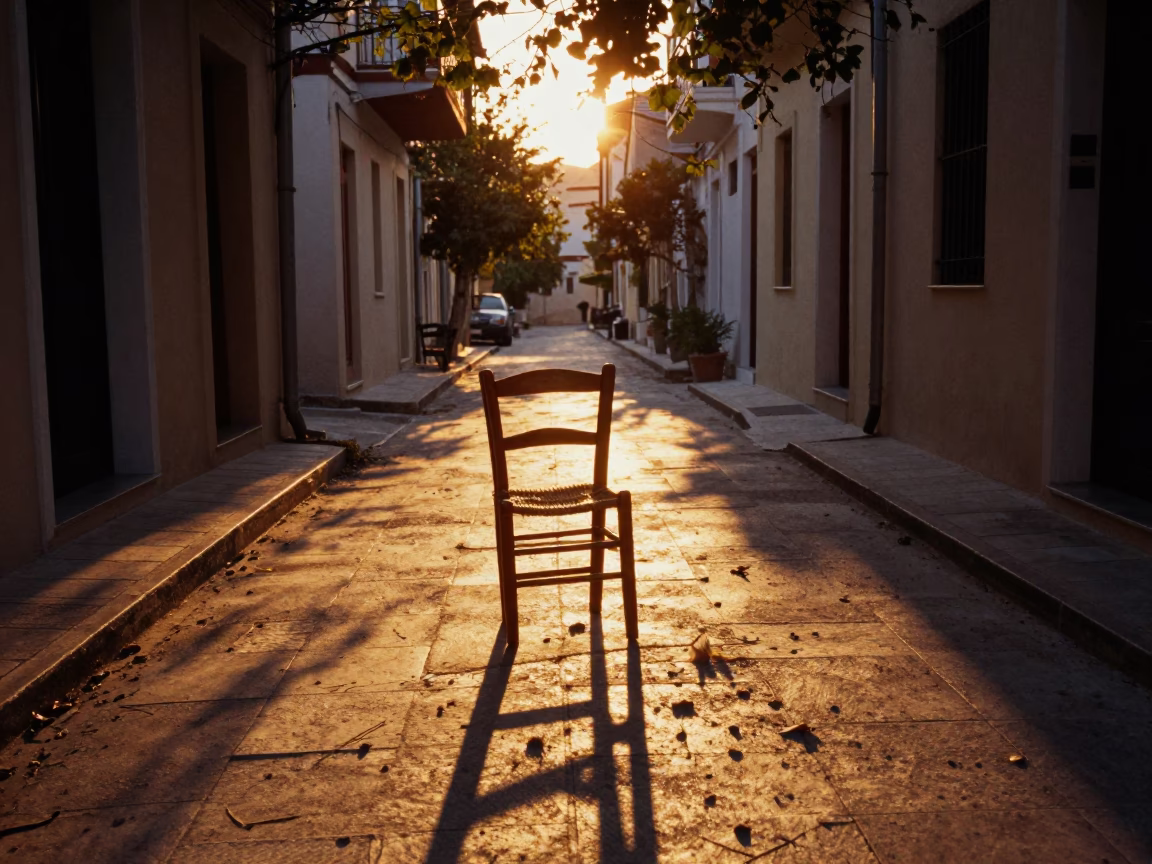 Sunset Street Scene in Athens Greece with Chair and Leaf Shadows in in Athens, Greece