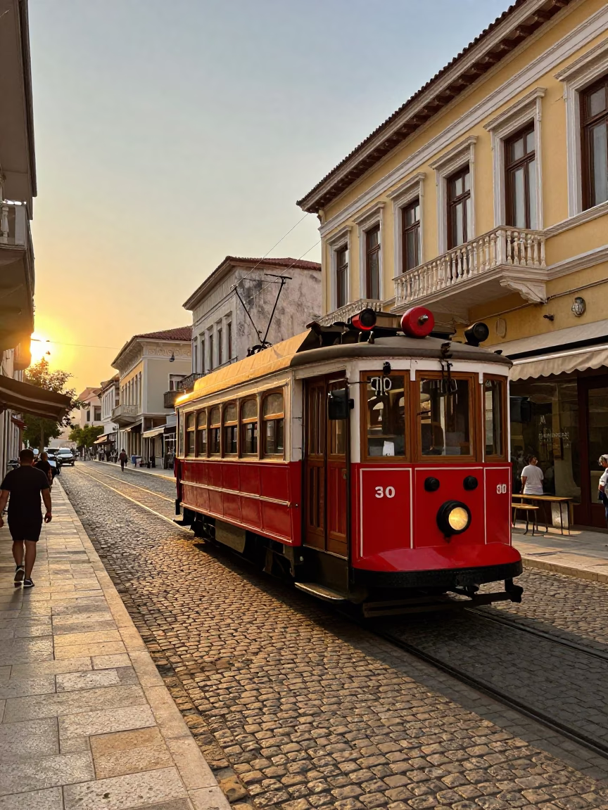 Sunset Street Scene in Athens Greece with Heritage Tram and Local Life in in Athens, Greece
