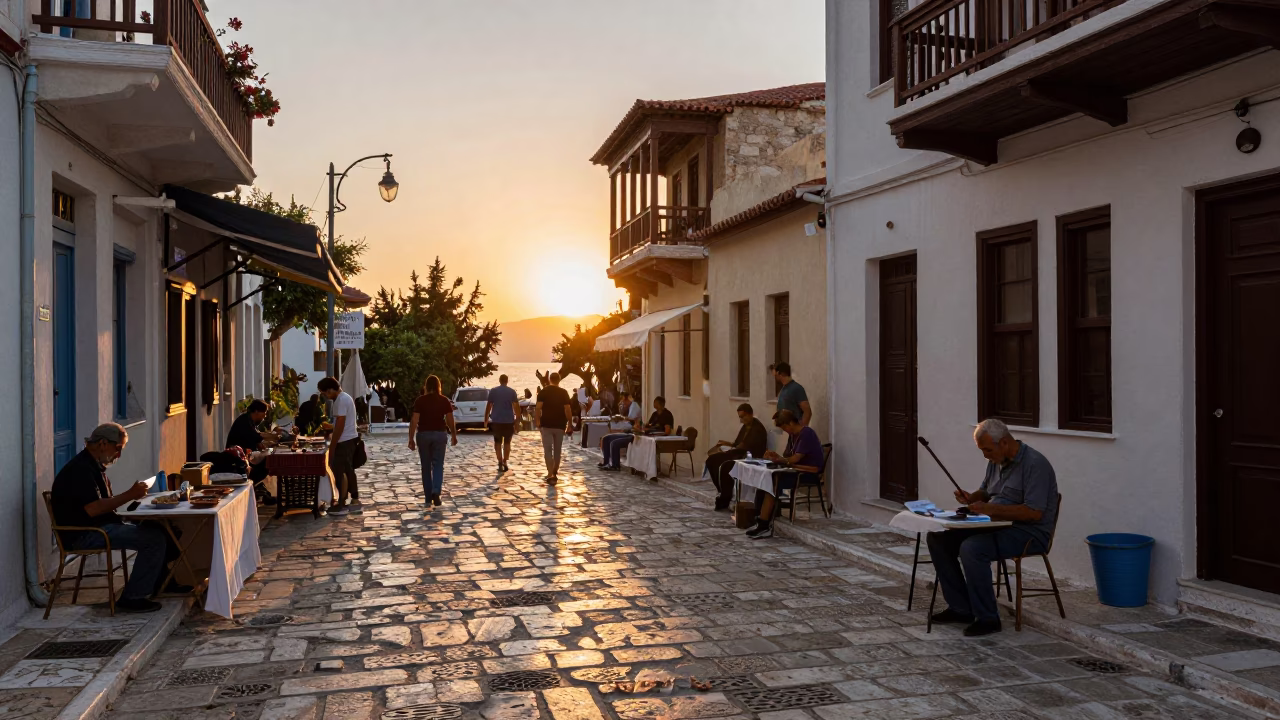 Sunset Street Scene in Athens Greece with Local Artisans and Traditional Elements in in Athens, Greece