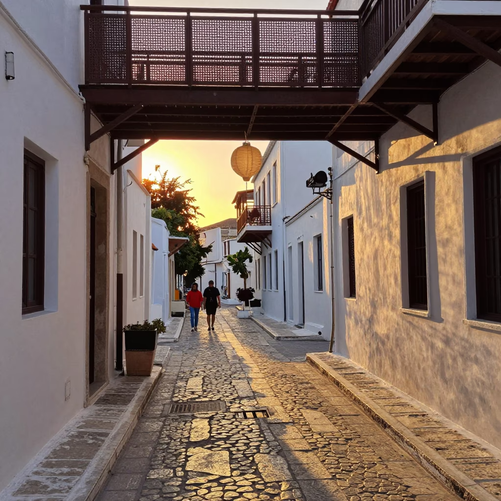 Sunset street scene in Athens Greece with paper lantern and pedestrian overpass in in Athens, Greece