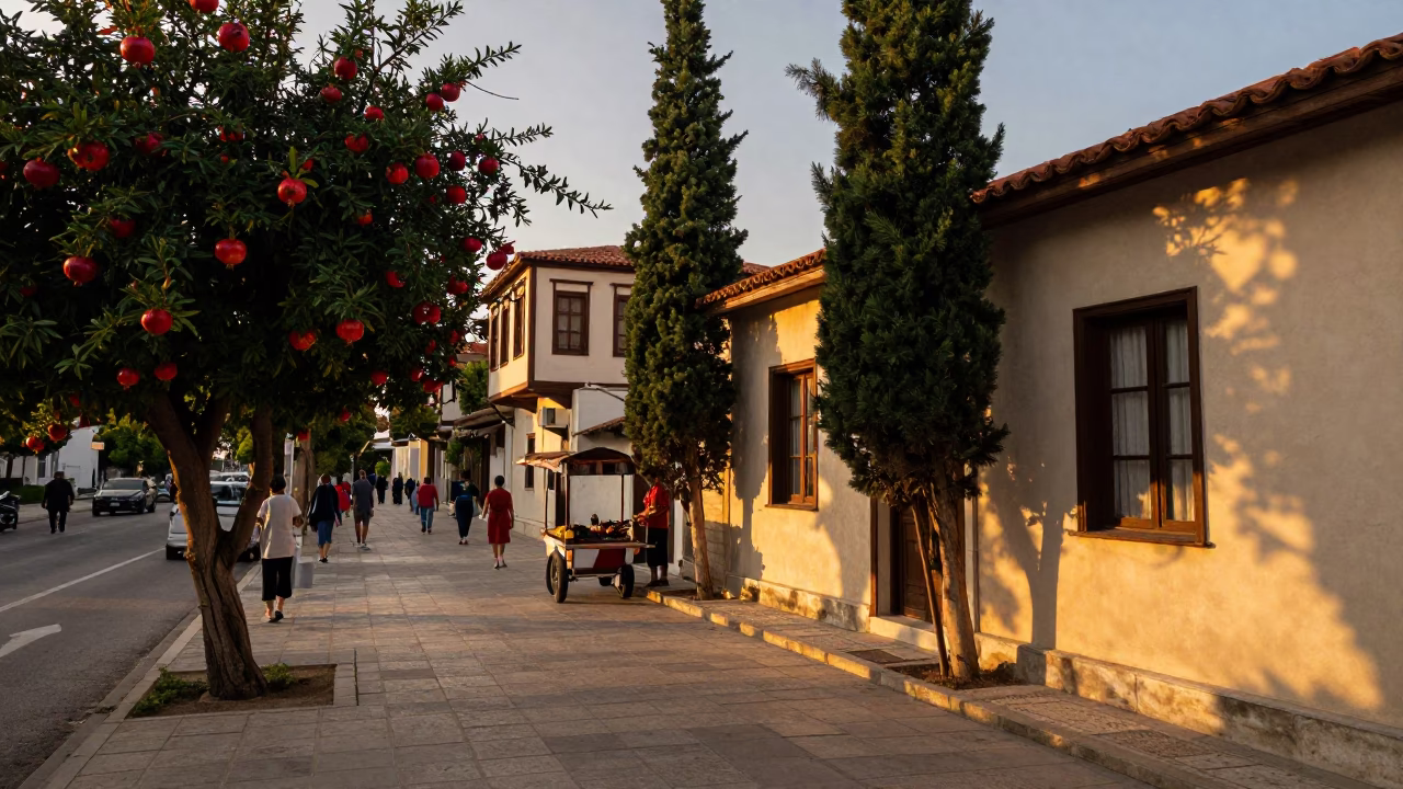 Sunset Street Scene in Athens Greece with Pomegranate and Cypress Trees in in Athens, Greece
