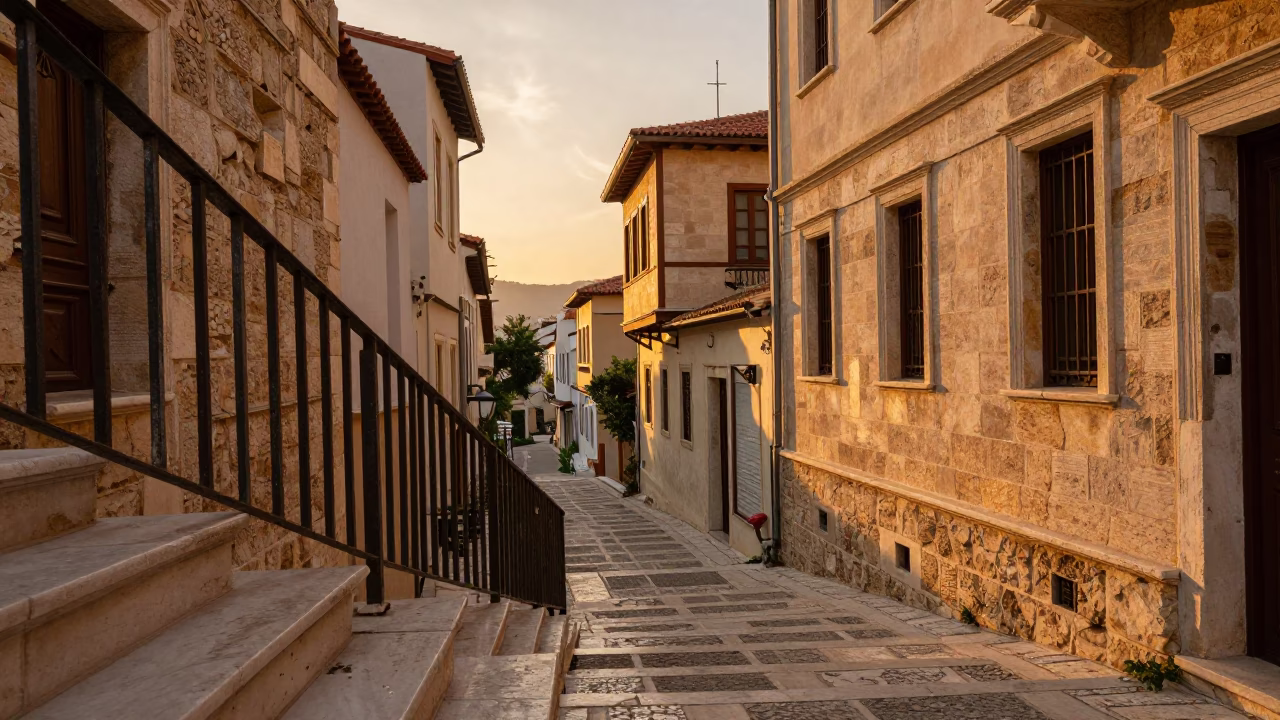 Sunset street scene in Athens Greece with stone stair rail and fruit vendor in in Athens, Greece