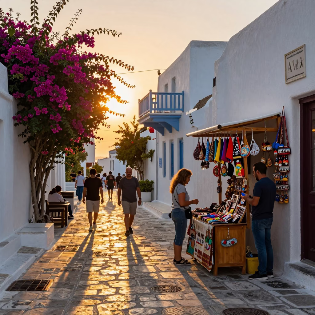 Sunset street scene in Athens Greece with tourist shopping for souvenir tin box in in Athens, Greece