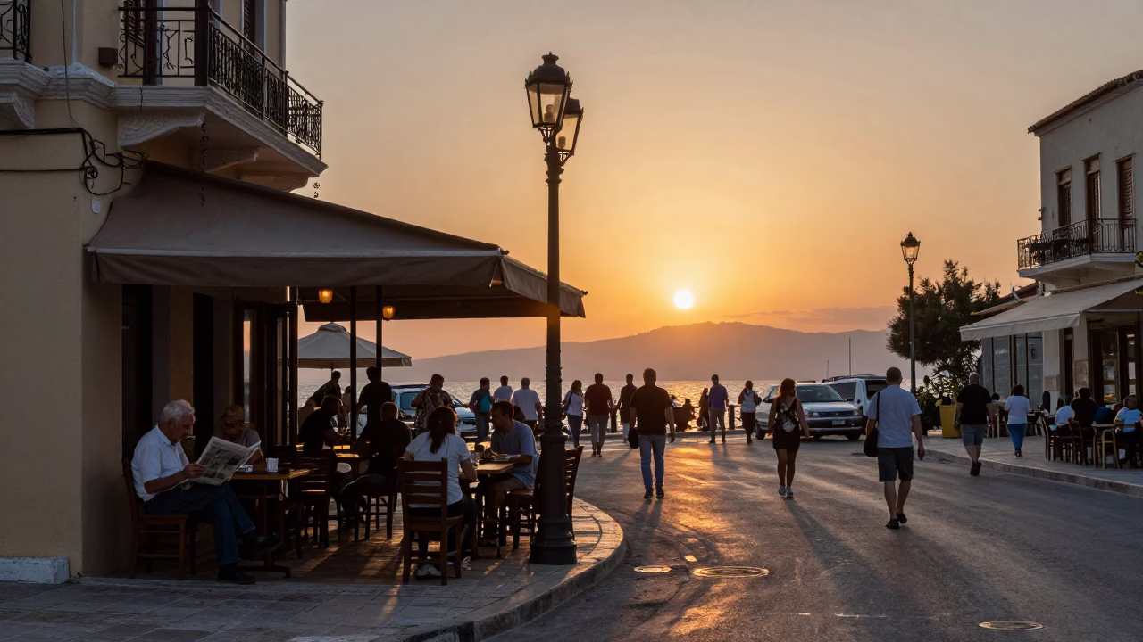 Sunset Street Scene in Athens Greece with Traditional Cafe and Pedestrians in in Athens, Greece