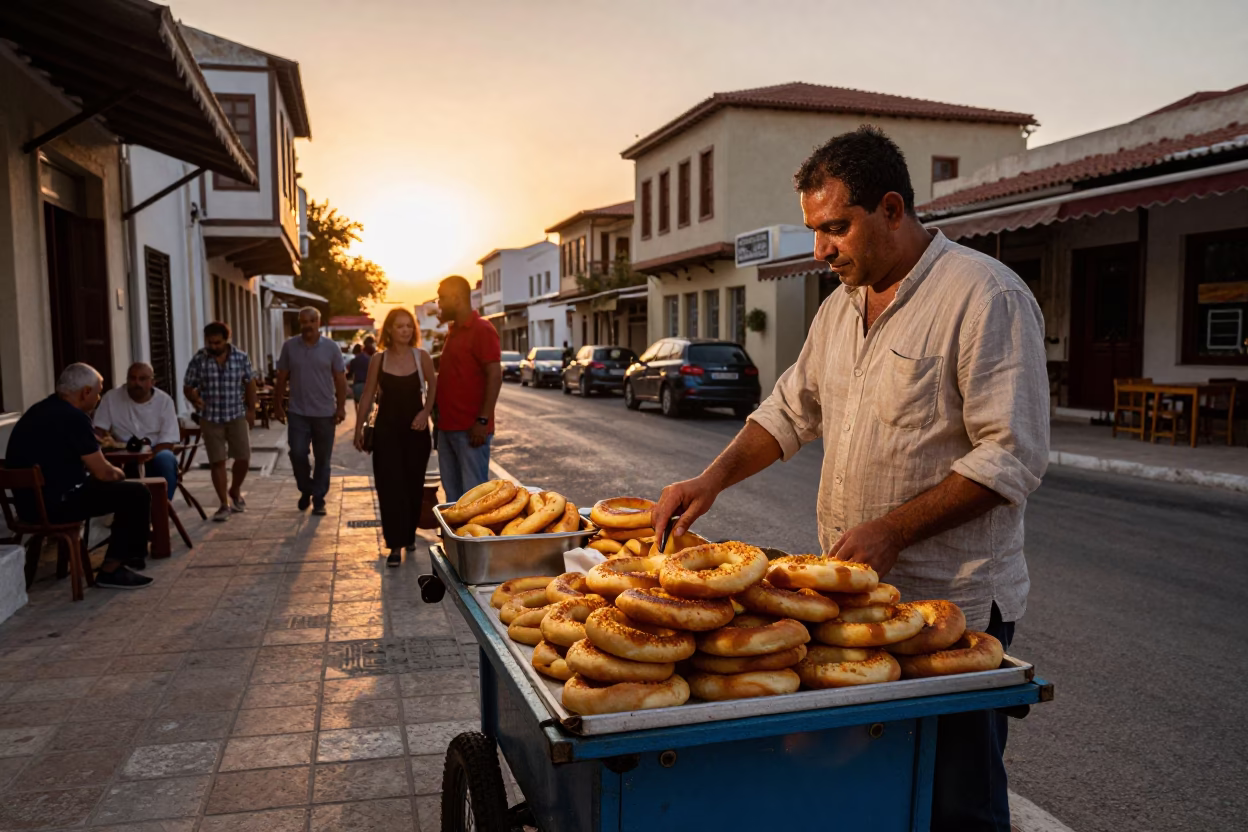 Sunset Street Scene in Athens Greece with Traditional Greek Street Food and Local Vendor in in Athens, Greece