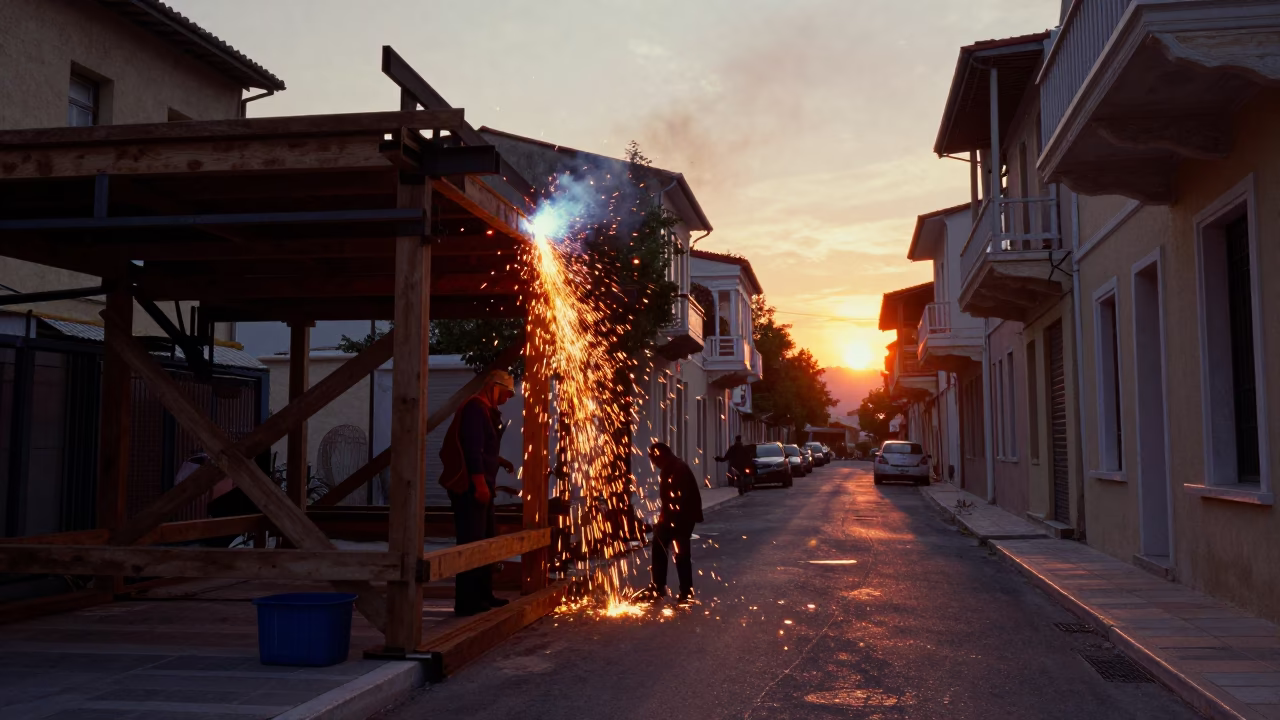 Sunset Street Scene in Athens Greece with Welding Sparks and Wooden Ladder in in Athens, Greece