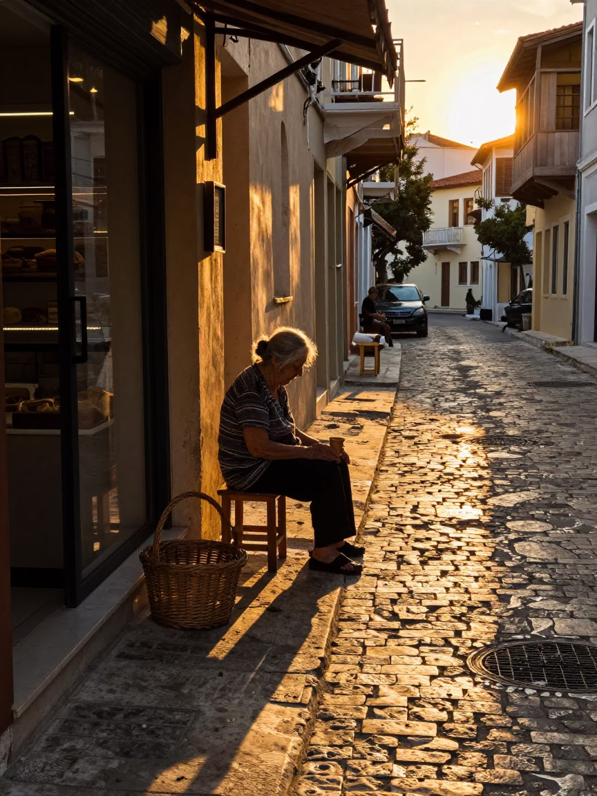 Sunset Street Scene in Athens Greece with Wicker Basket Shadow and Local Interaction in in Athens, Greece