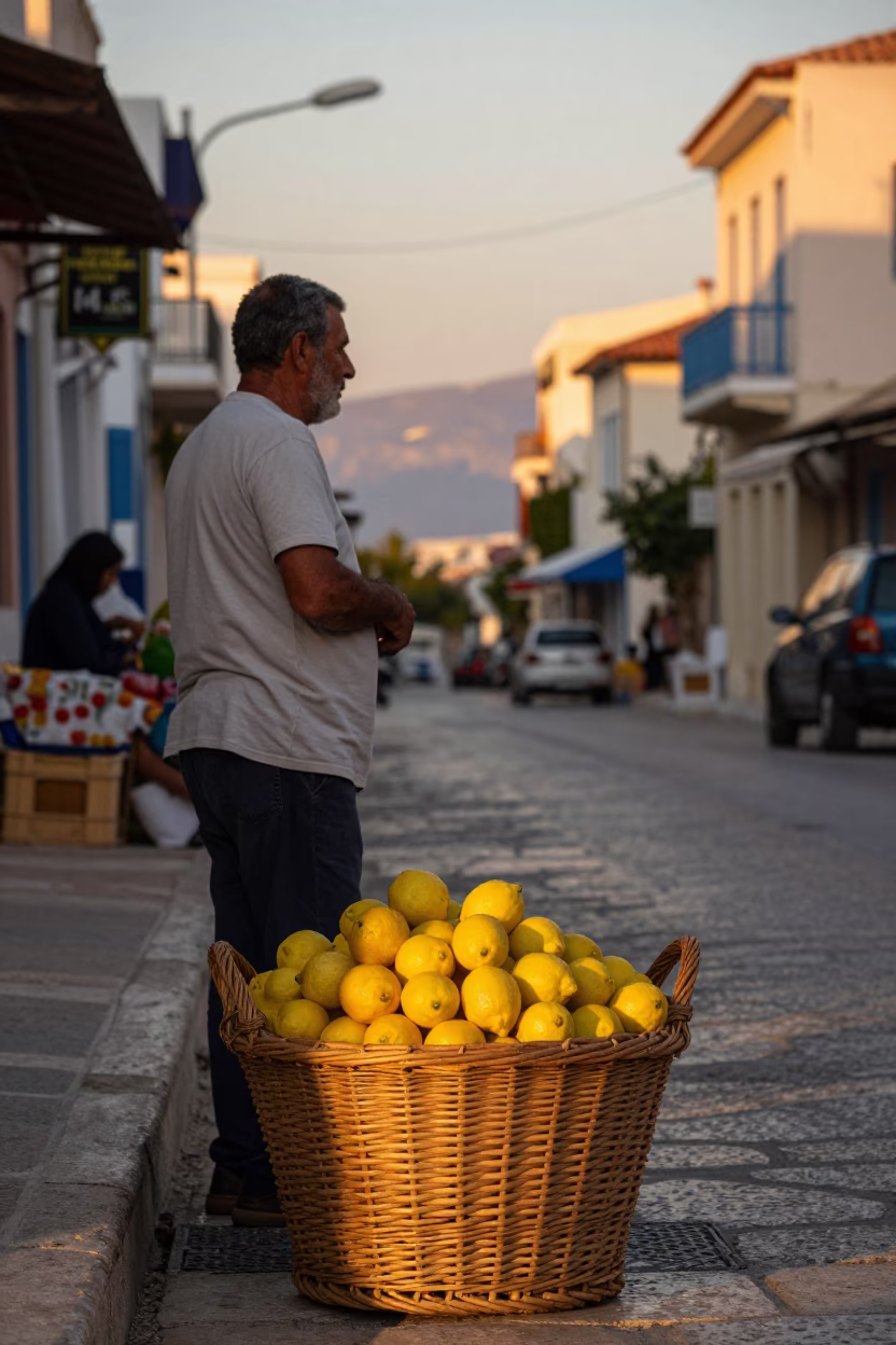 Sunset Street Scene in Athens Greece with Wicker Hamper and Lemons in in Athens, Greece