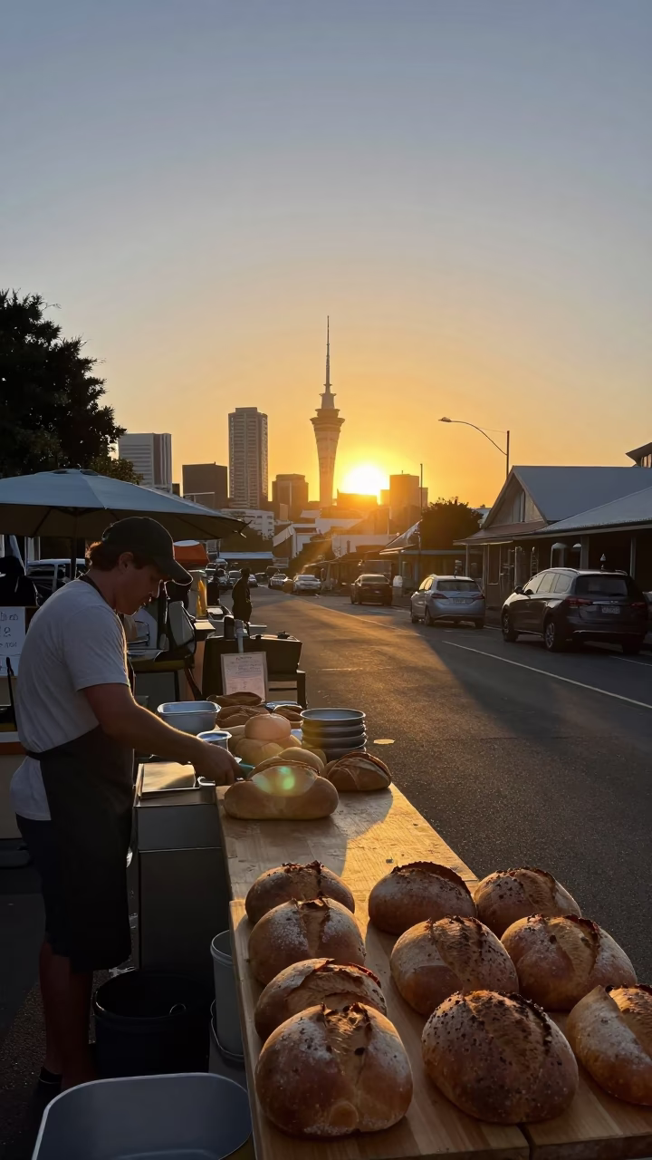 Sunset street scene in Auckland New Zealand with bread loaves and kitchen details in in Auckland, New Zealand
