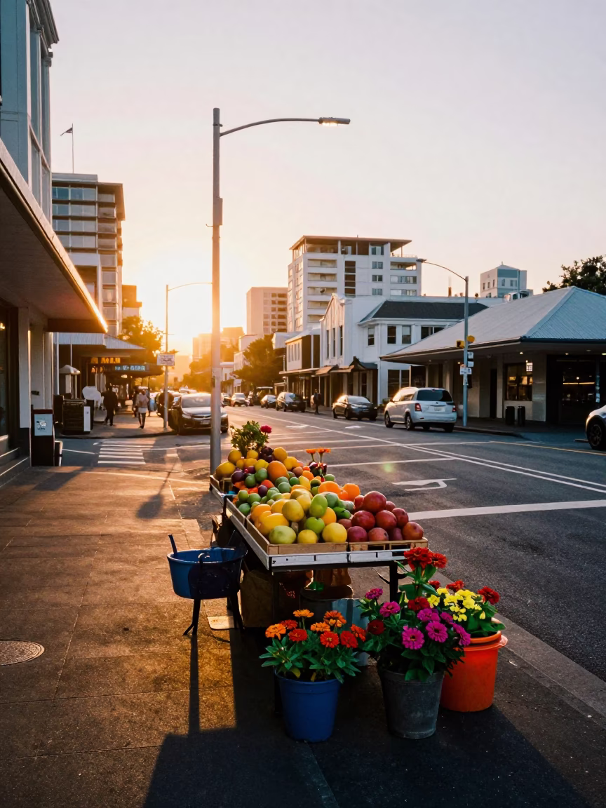 Sunset Street Scene in Auckland New Zealand with Fruit and Zinnias in in Auckland, New Zealand
