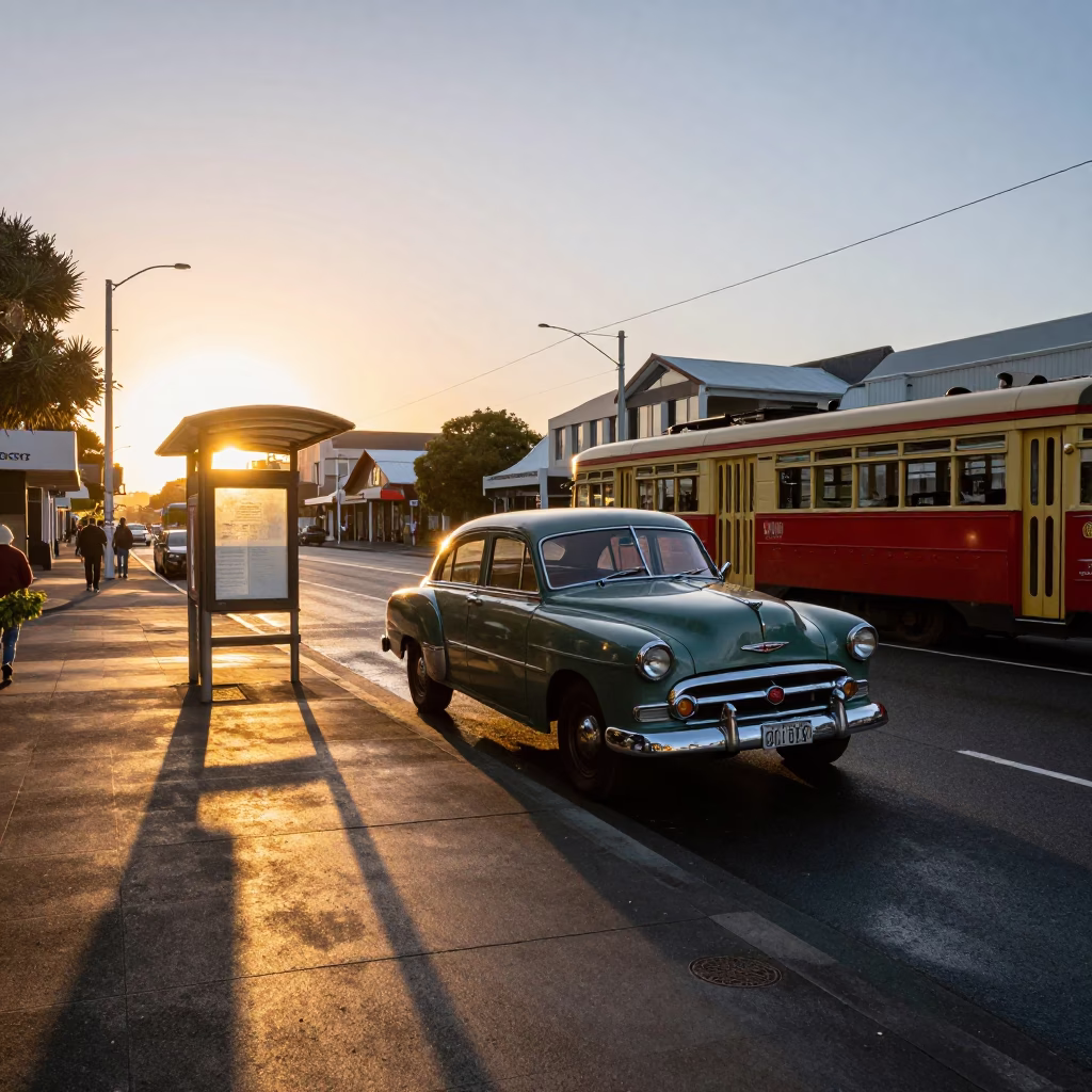 Sunset street scene in Auckland New Zealand with vintage car and tram wires in in Auckland, New Zealand