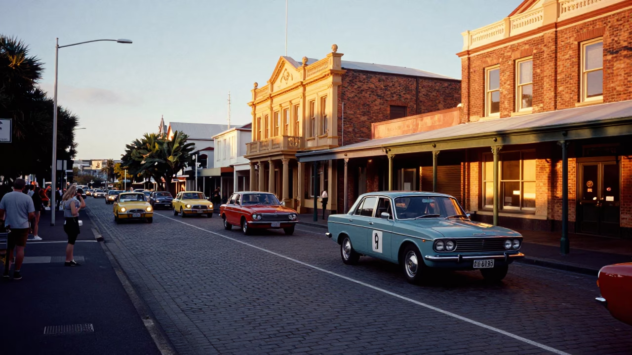 Sunset Street Scene in Auckland New Zealand with Vintage Car Rally and Local Dining in in Auckland, New Zealand