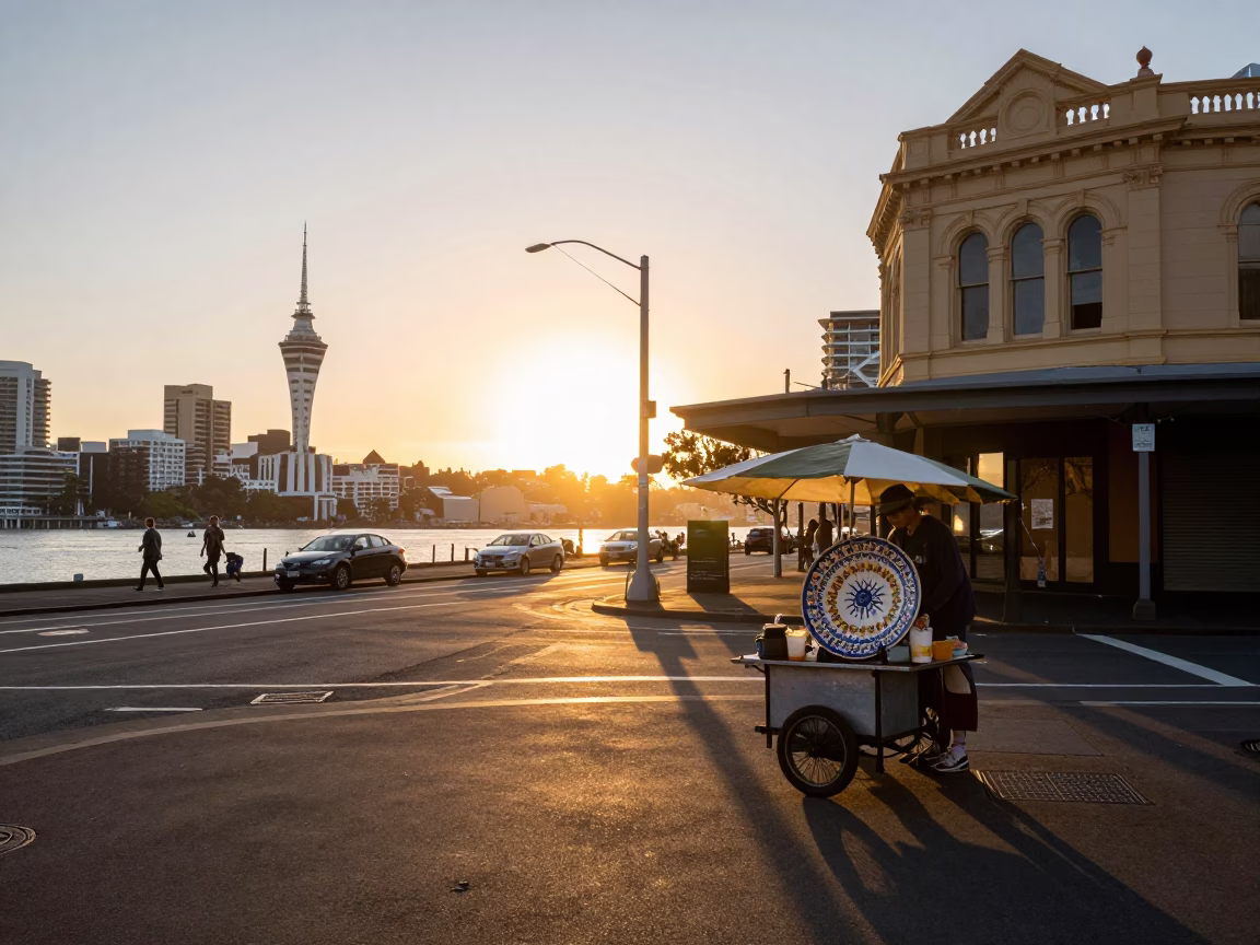 Sunset Street Scene in Auckland New Zealand with Vintage Majolica Plate and Fruit Crate in in Auckland, New Zealand