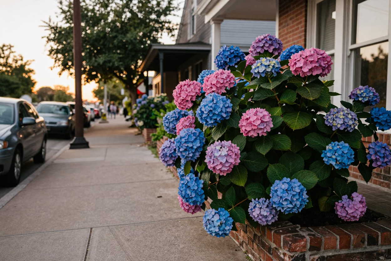 Sunset Street Scene in Austin Texas with Blue Hydrangeas and Vintage Toolbox in in Austin, Texas, United States