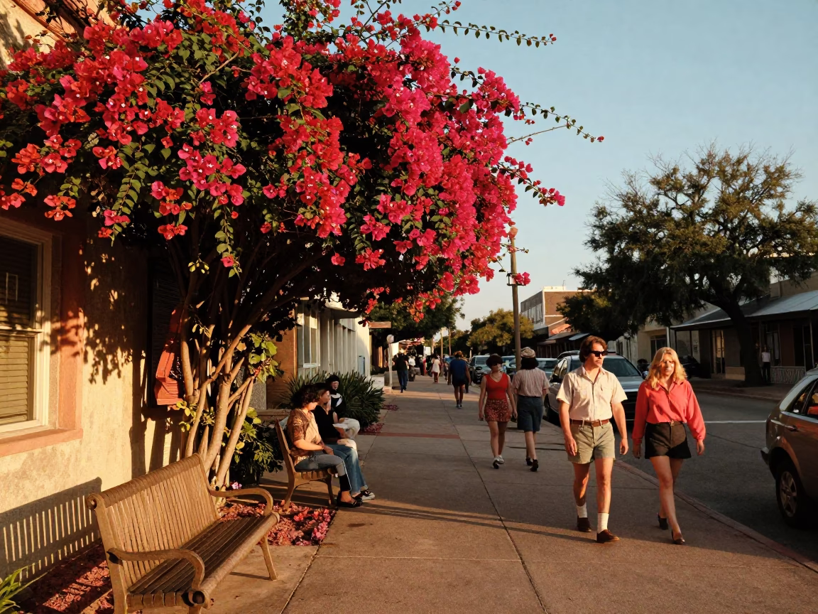 Sunset Street Scene in Austin Texas with Bougainvillea and Local Pedestrians in in Austin, Texas, United States