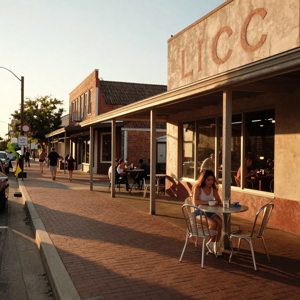 Sunset Street Scene in Austin Texas with Local Food and Vintage Details in in Austin, Texas, United States