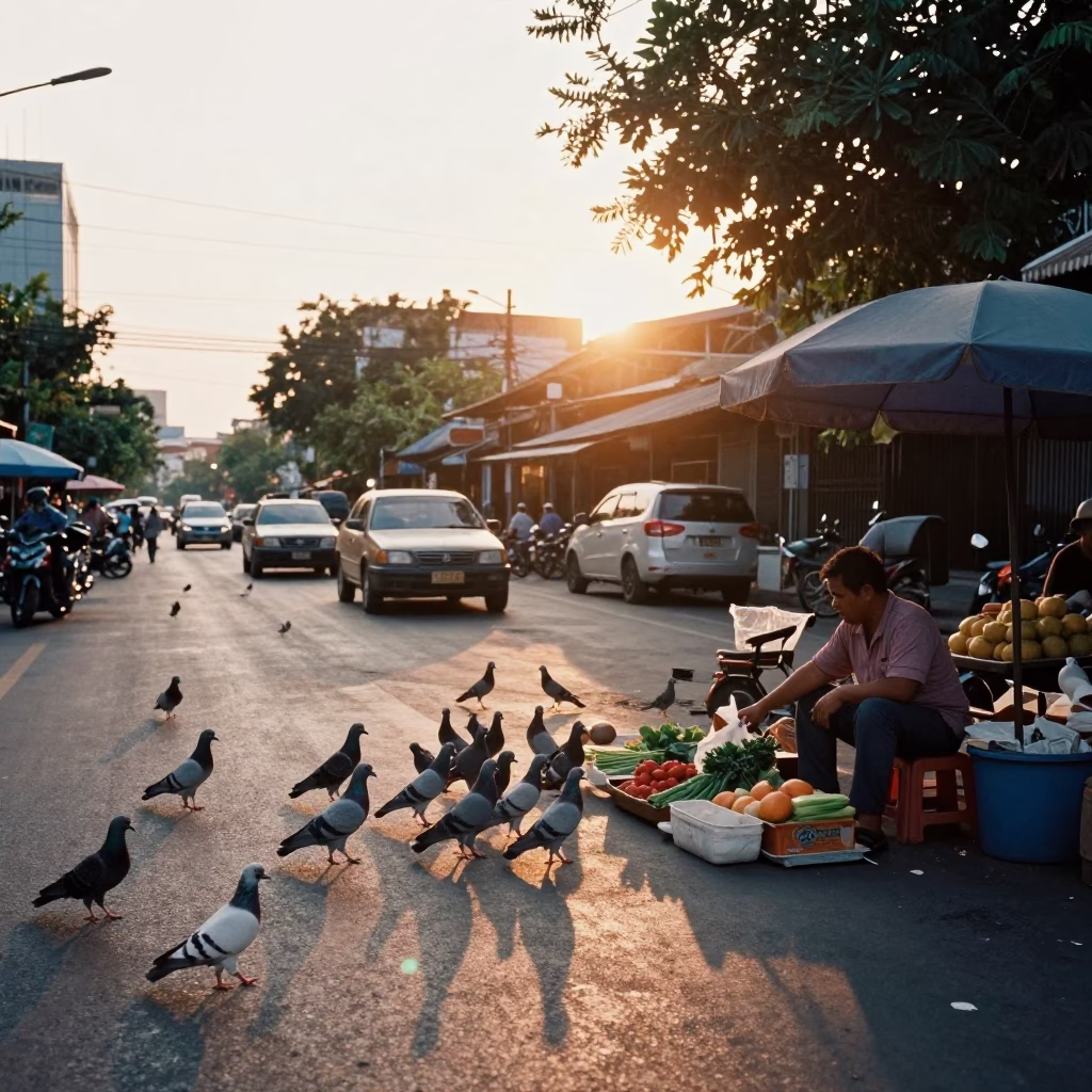Sunset Street Scene in Bangkok Thailand with Pigeons and Local Vendor in in Bangkok, Thailand