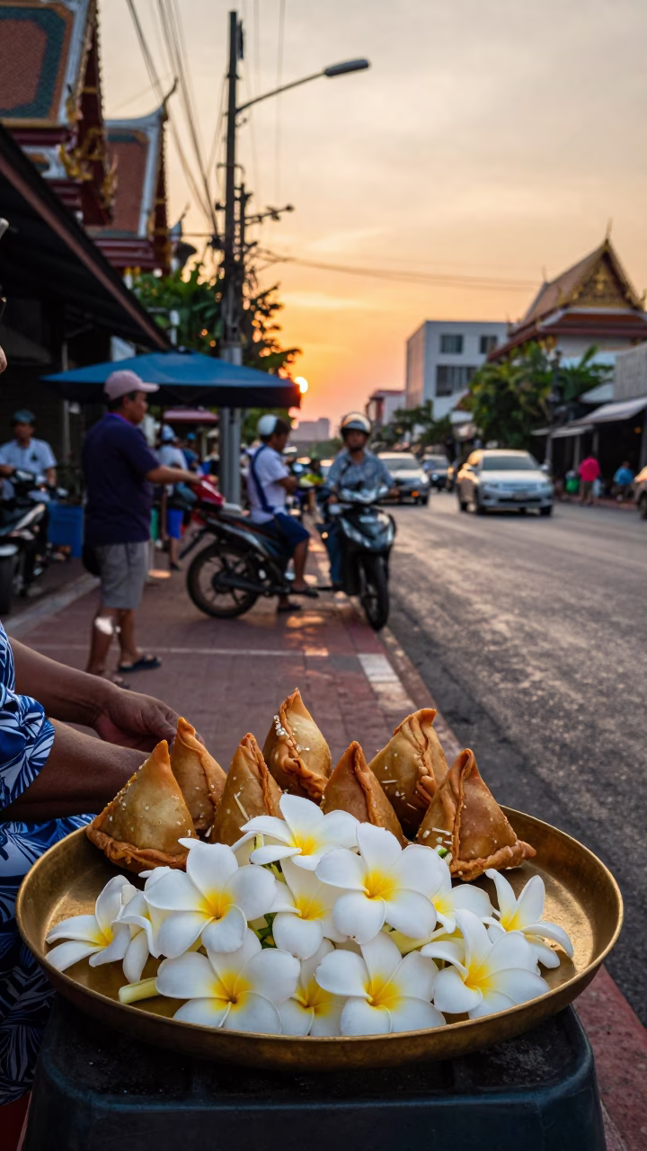 Sunset Street Scene in Bangkok Thailand with Plumeria Petals and Traditional Snacks in in Bangkok, Thailand