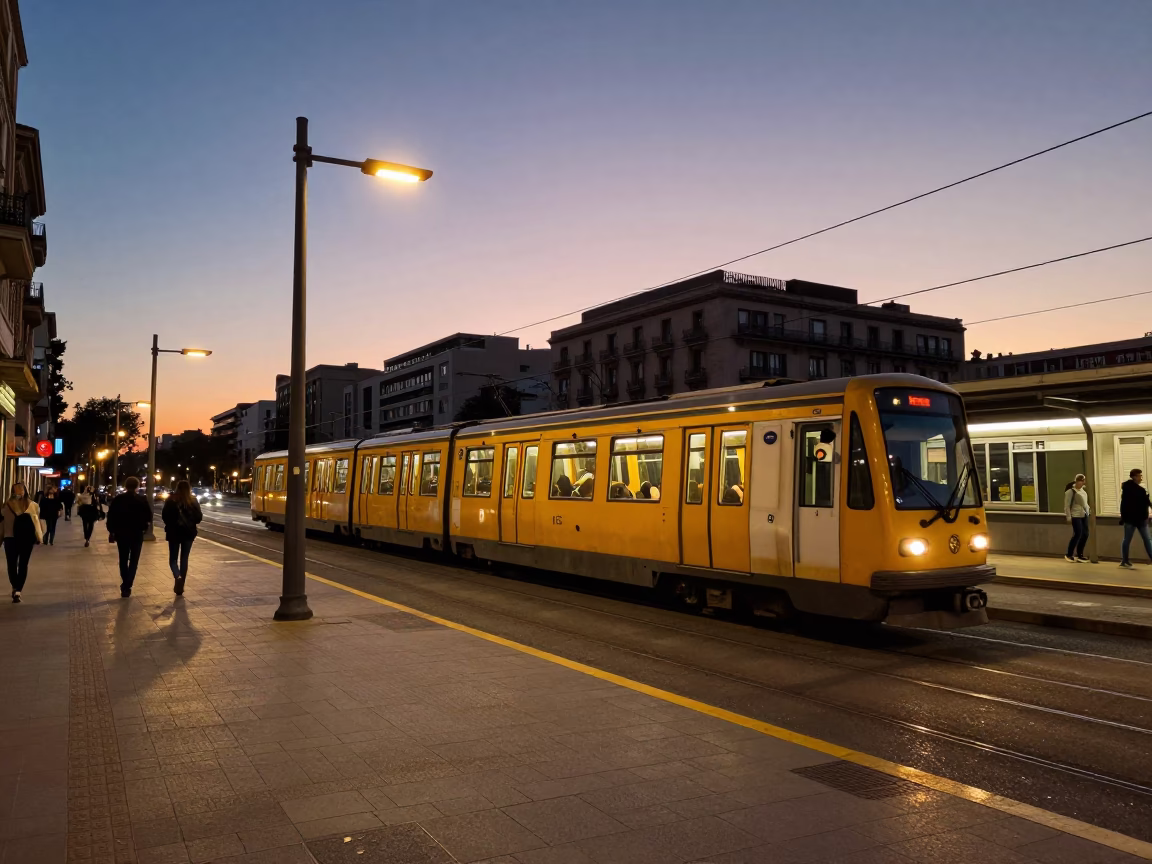 Sunset Street Scene in Barcelona Spain Metro Train and Urban Life in in Barcelona, Spain