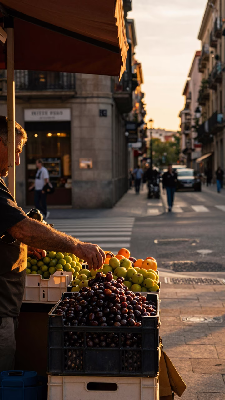 Sunset Street Scene in Barcelona Spain with Fruit Crate and Dates in in Barcelona, Spain