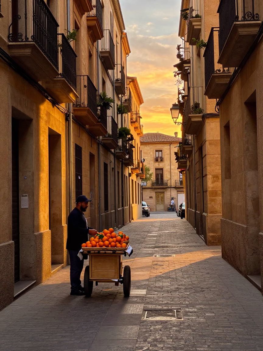 Sunset street scene in Barcelona Spain with oranges and wicker basket in in Barcelona, Spain