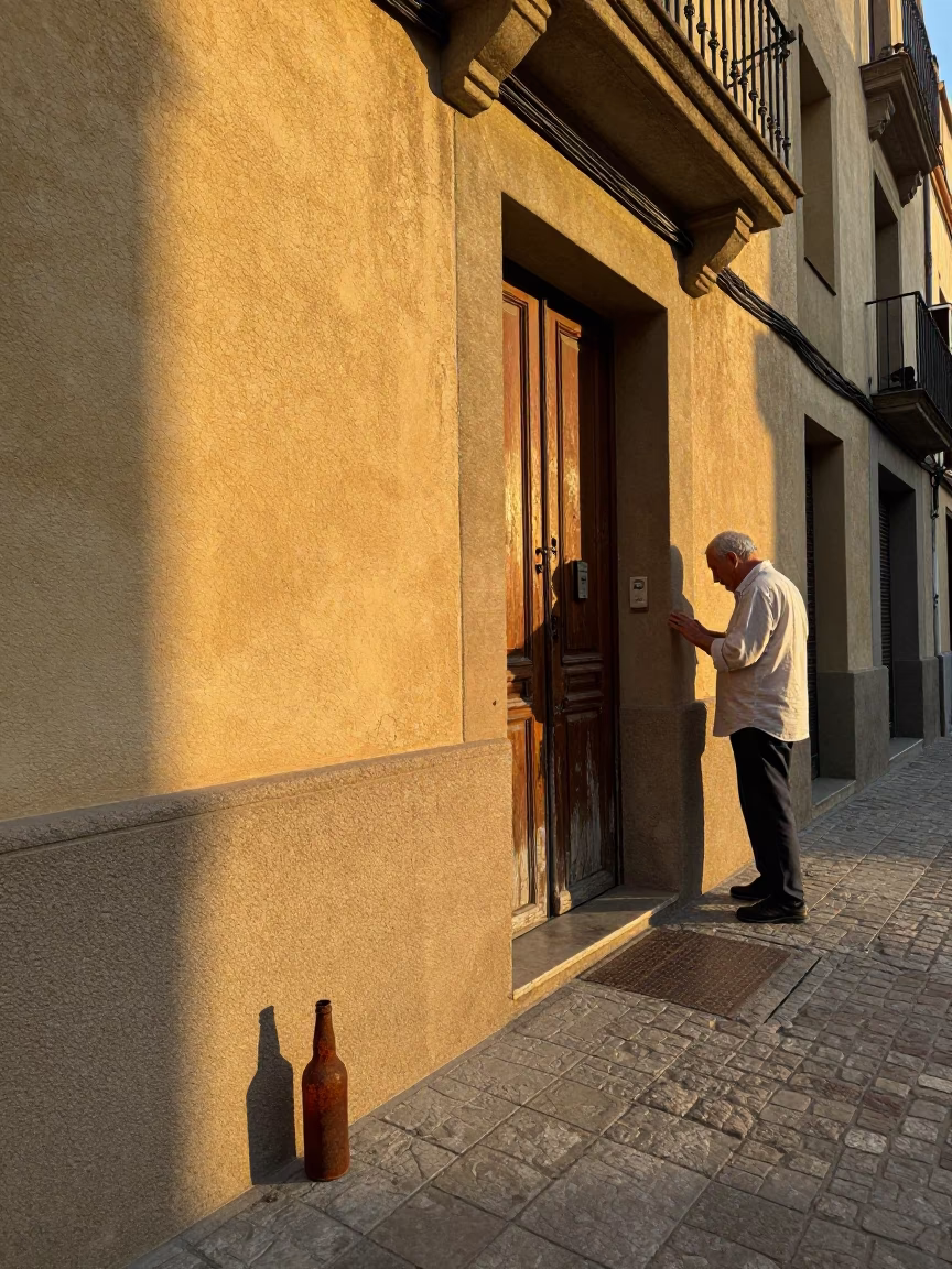 Sunset Street Scene in Barcelona Spain with Rusty Bottle and Iron Deadbolt Detail in in Barcelona, Spain
