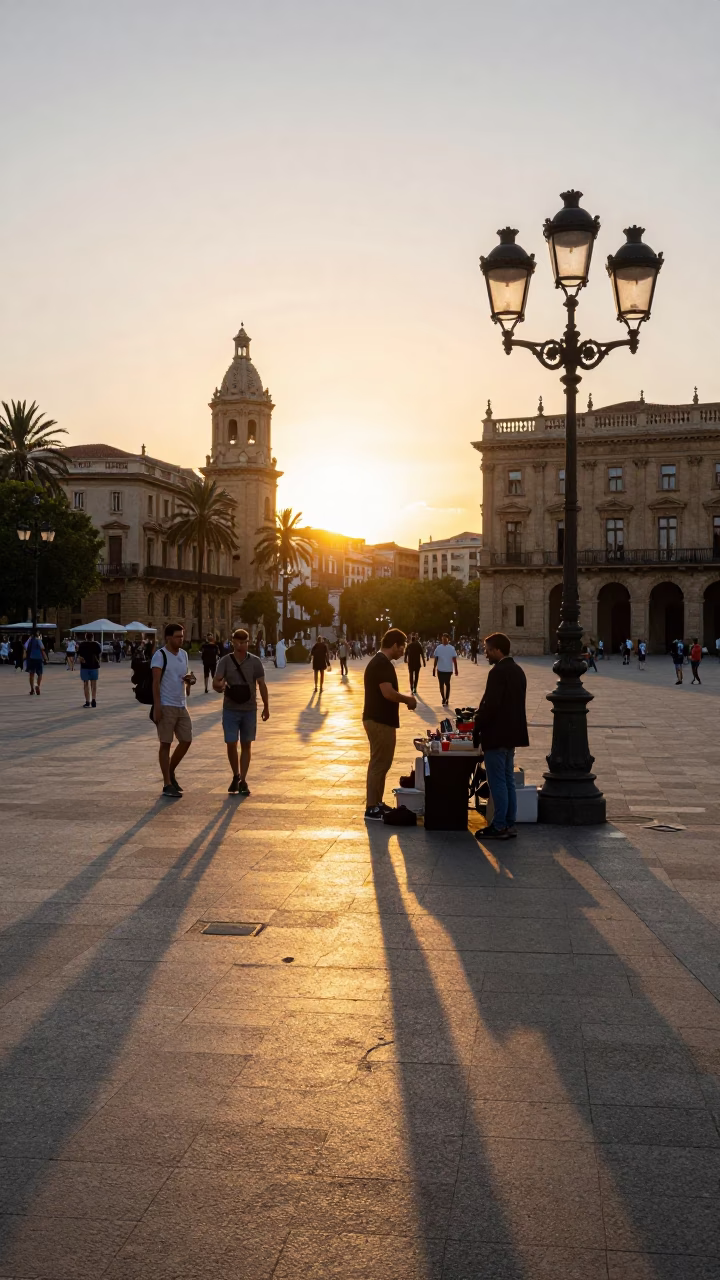 Sunset street scene in Barcelona Spain with tourists and local vendors in in Barcelona, Spain