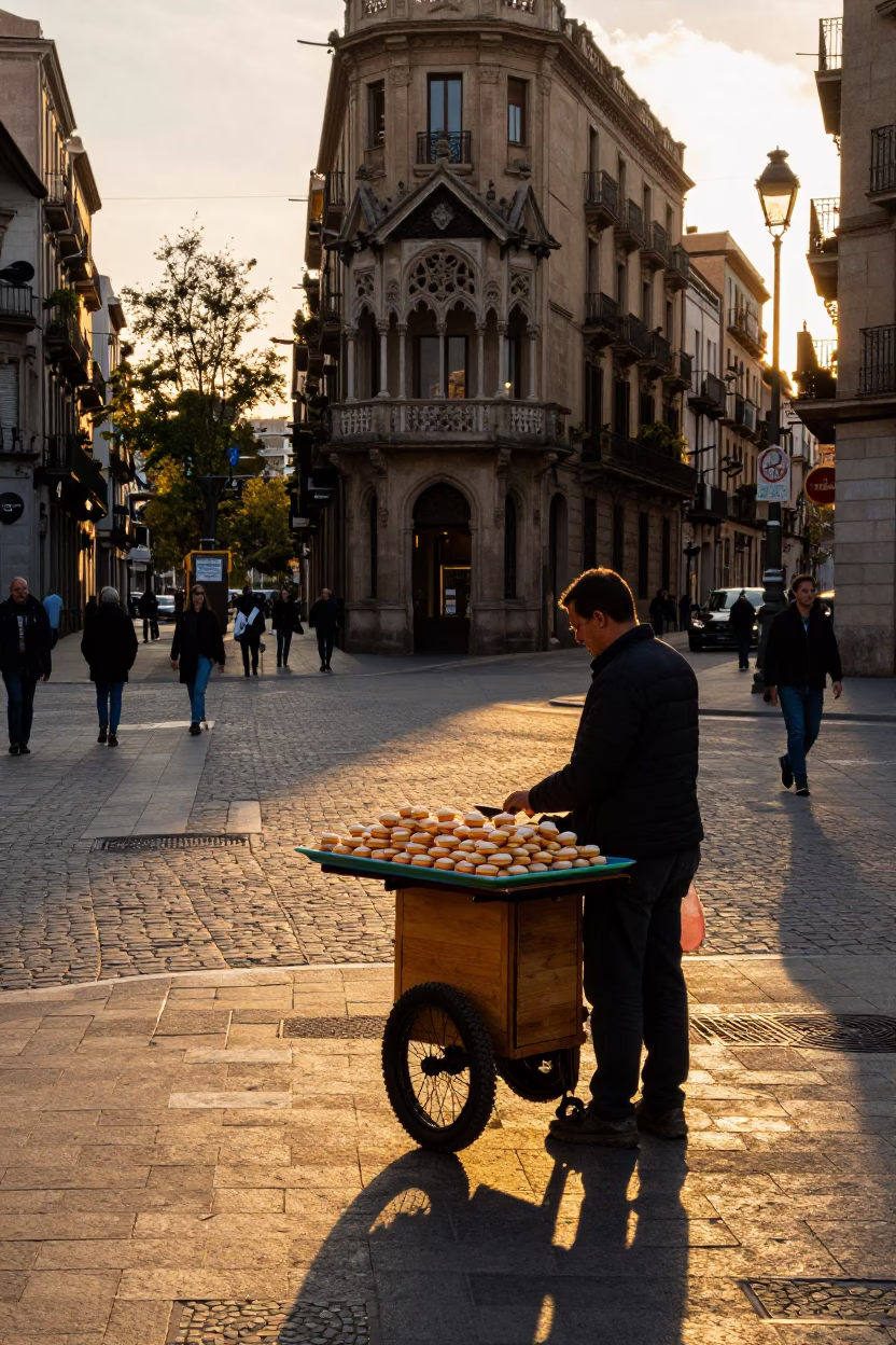 Sunset Street Scene in Barcelona Spain with Tray of Alfajores and Grapes in in Barcelona, Spain