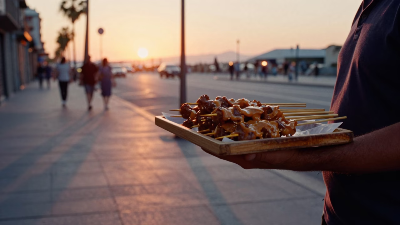 Sunset Street Scene in Barcelona Spain with Tray of Satay Skewers and Peanut Sauce in in Barcelona, Spain