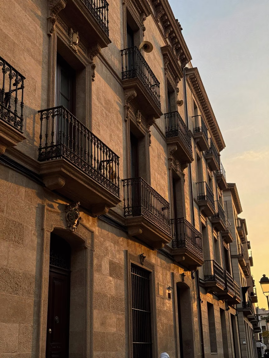 Sunset Street Scene in Barcelona Spain with Vintage Straw Hat on Balcony Railing in in Barcelona, Spain