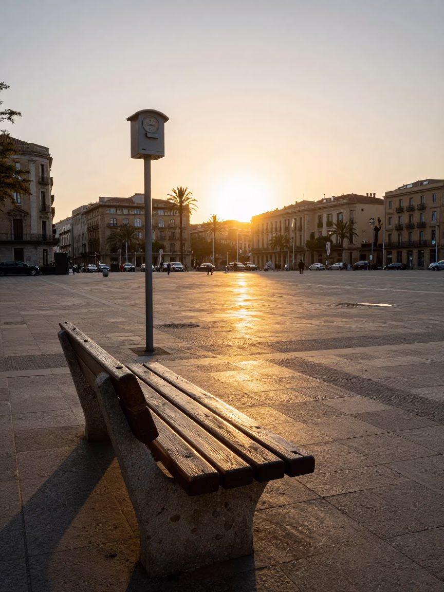 Sunset Street Scene in Barcelona Spain with Weathered Bench and Urban Details in in Barcelona, Spain