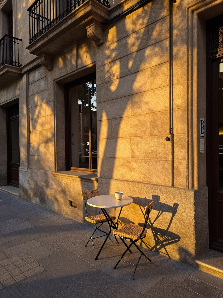 Sunset street scene in Barcelona Spain with wicker shadow on ceramic cup rim in in Barcelona, Spain