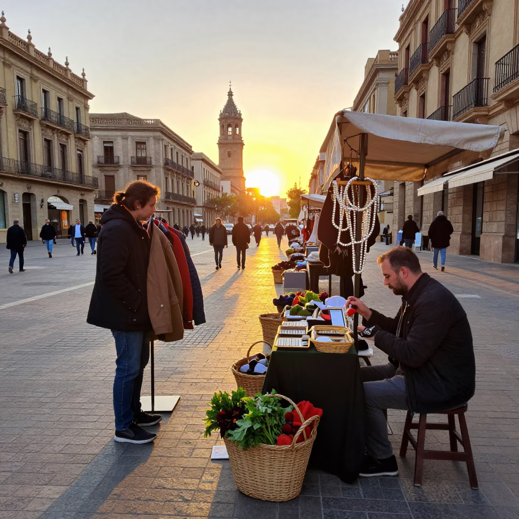Sunset Street Scene in Barcelona Spain with Woven Basket of Fresh Bread in in Barcelona, Spain