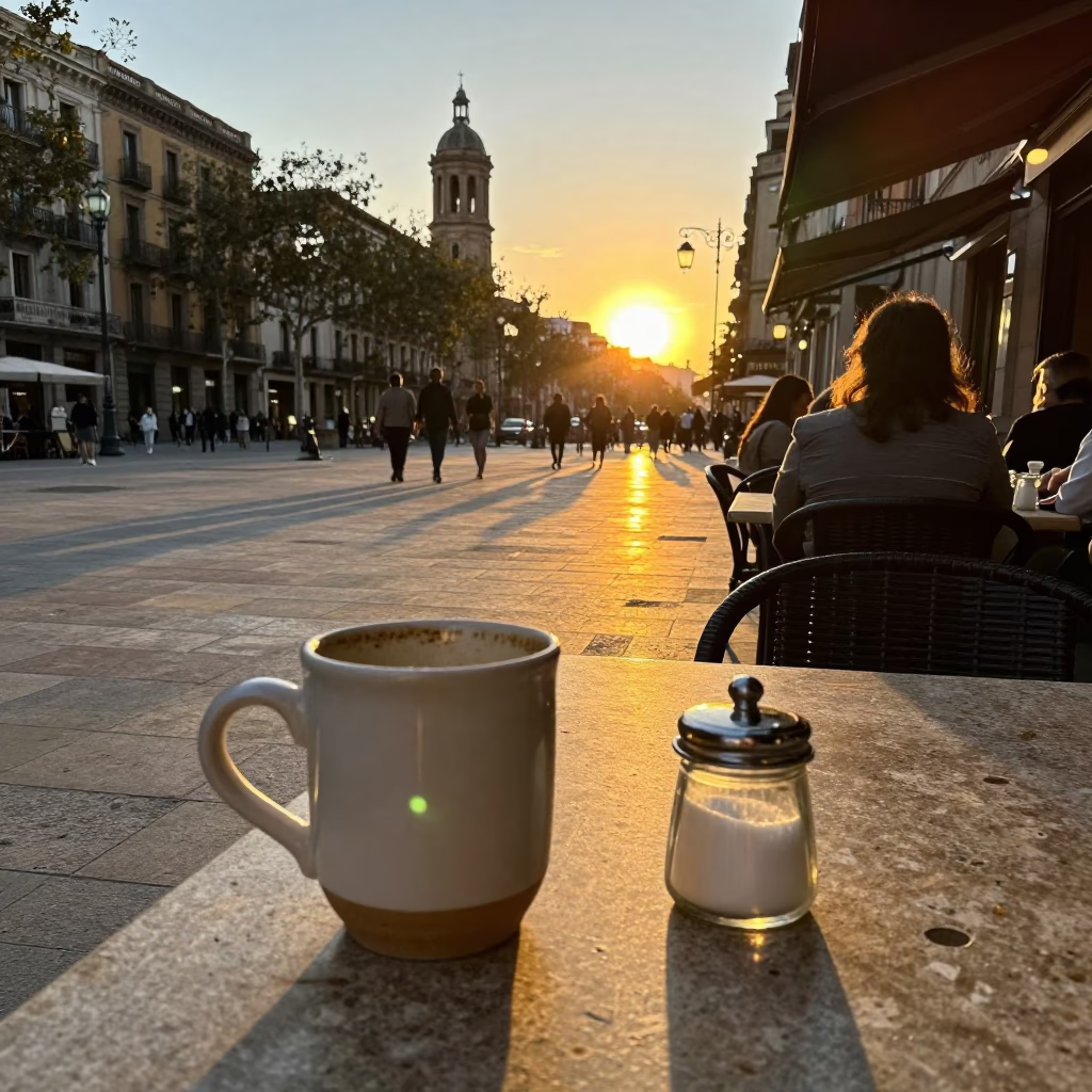 Sunset Street Scene in Barcelona with Ceramic Mug and Glass Sugar Jar in in Barcelona, Spain