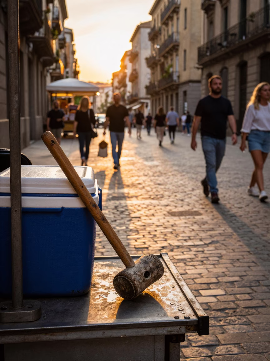 Sunset Street Scene in Barcelona with Wooden Mallet and Cooler Jug in in Barcelona, Spain