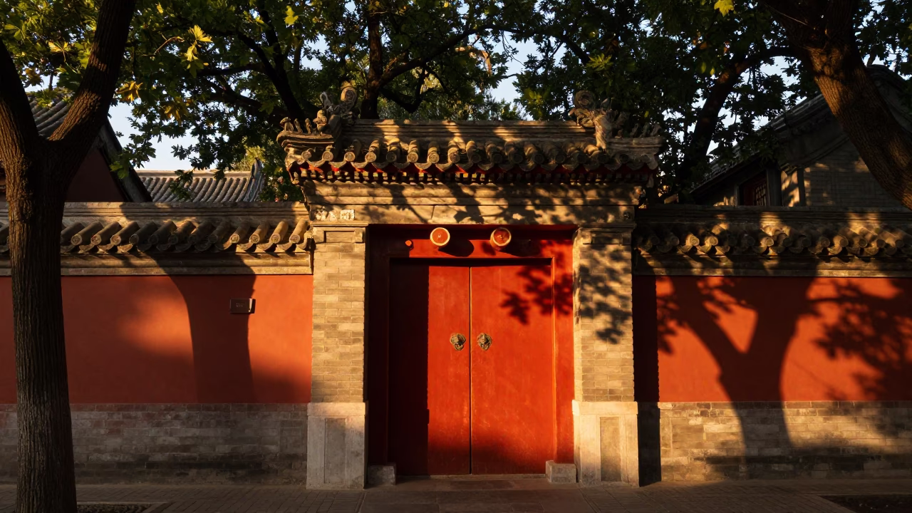Sunset Street Scene in Beijing China with Leaf Shadows and Urban Life in in Beijing, China
