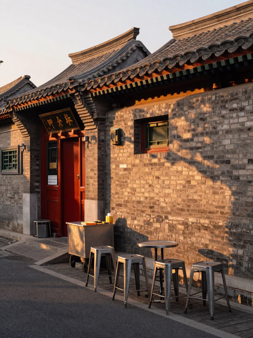 Sunset street scene in Beijing China with metal stools and brick architecture in in Beijing, China