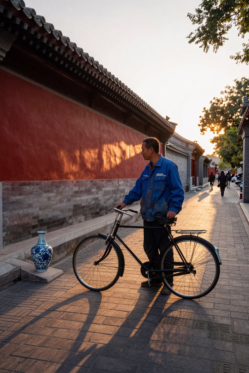 Sunset Street Scene in Beijing China with Vintage Bicycle and Ceramic Pitcher in in Beijing, China