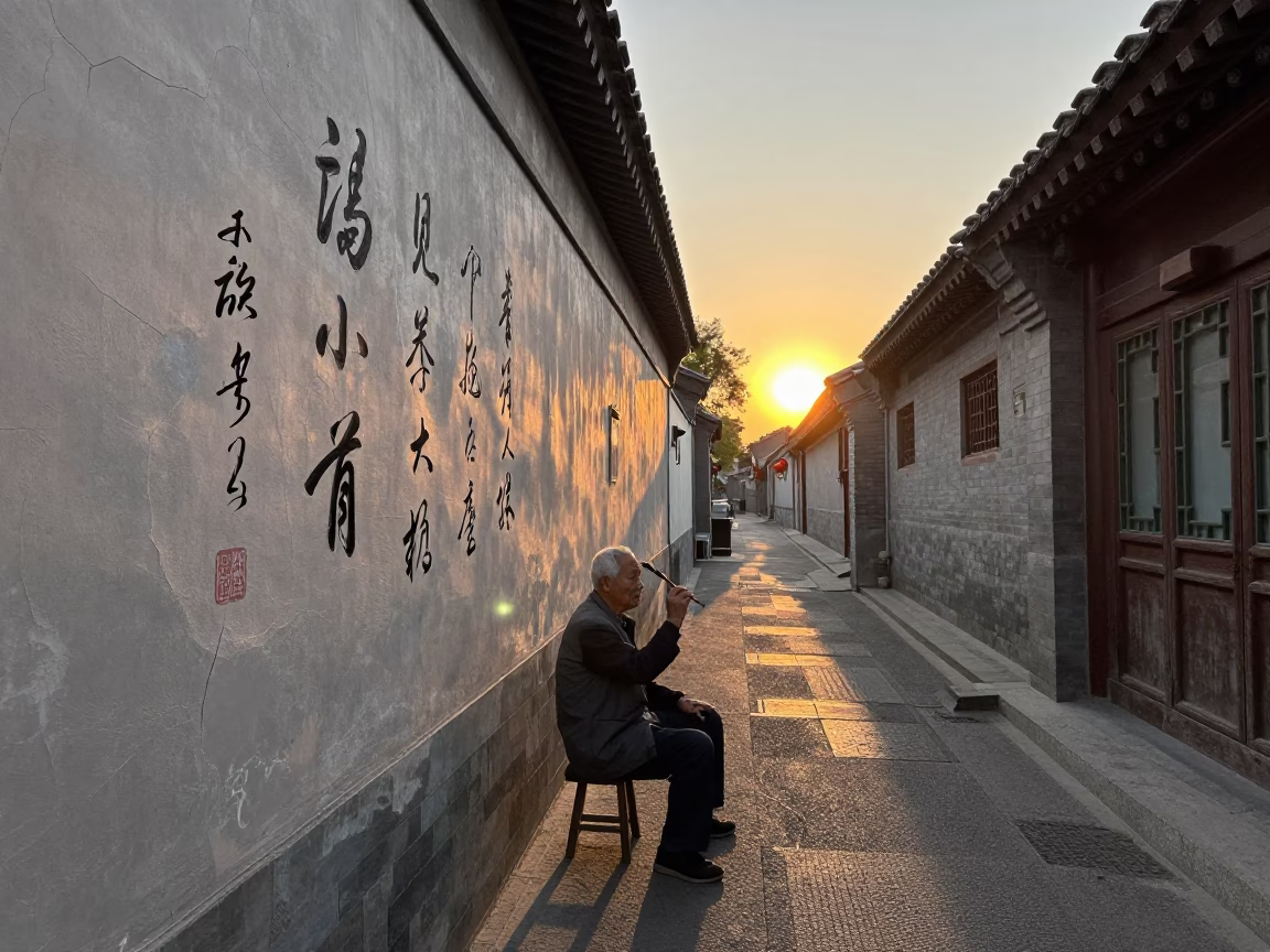 Sunset street scene in Beijing with cracked stucco and calligraphy brush in in Beijing, China