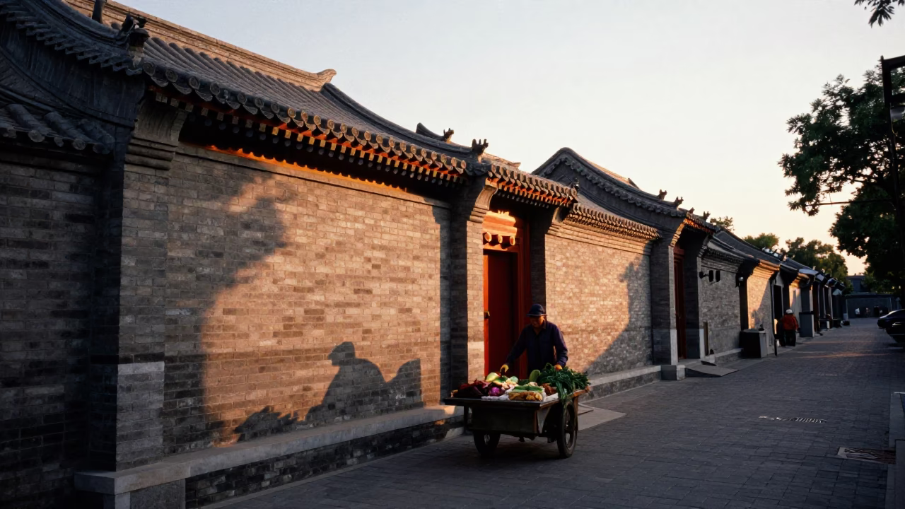 Sunset street scene in Beijing with traditional courtyard architecture and local vendors in in Beijing, China