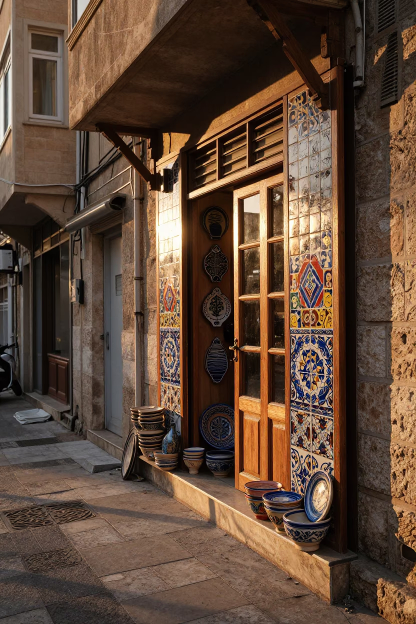 Sunset Street Scene in Beirut Lebanon with Ceramic Tiles and Wooden Sill Scratches in in Beirut, Lebanon