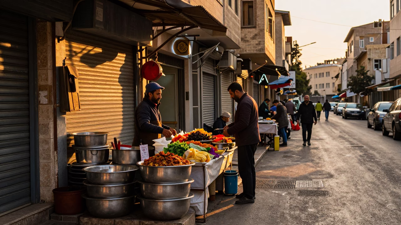 Sunset Street Scene in Beirut Lebanon with Colorful Food and Tools in in Beirut, Lebanon
