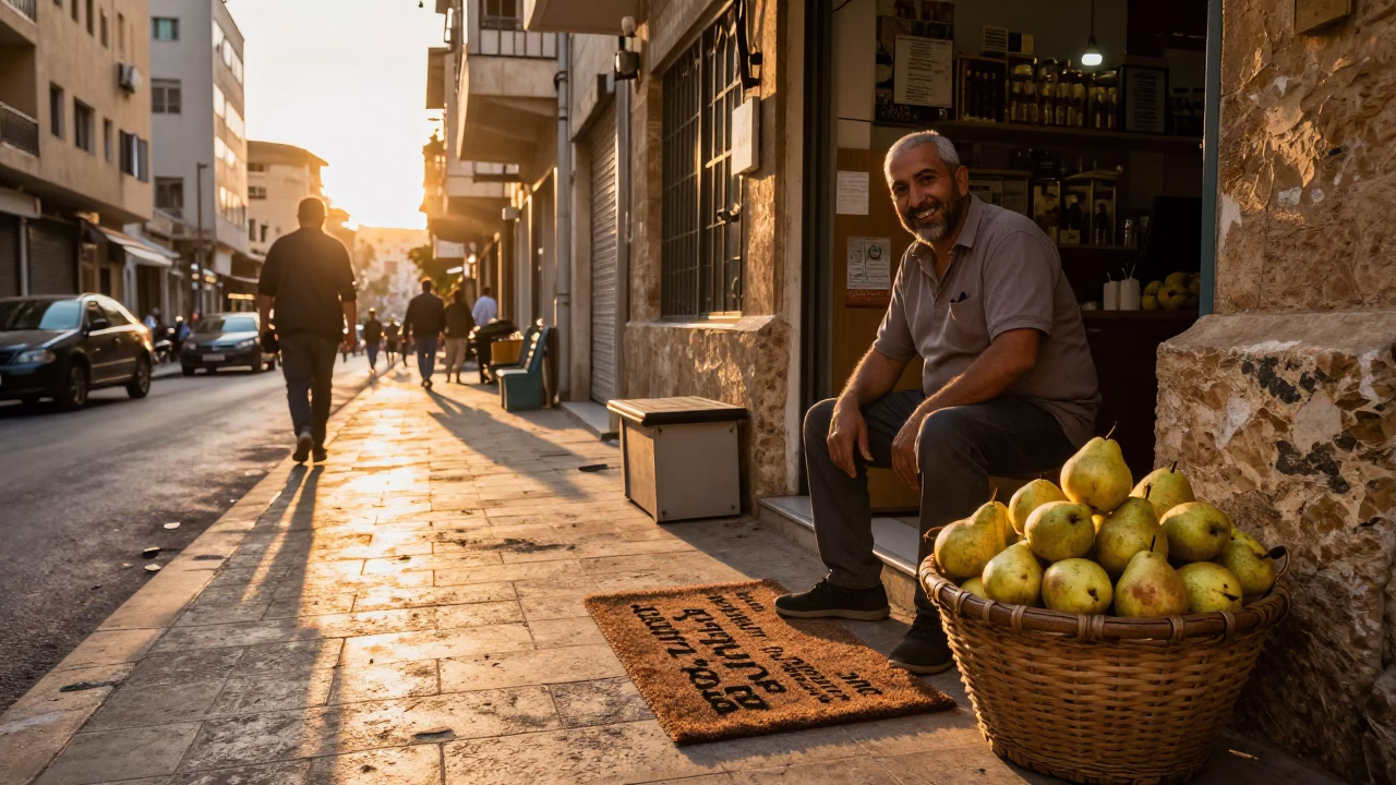 Sunset Street Scene in Beirut Lebanon with Doormat and Lively Local Atmosphere in in Beirut, Lebanon