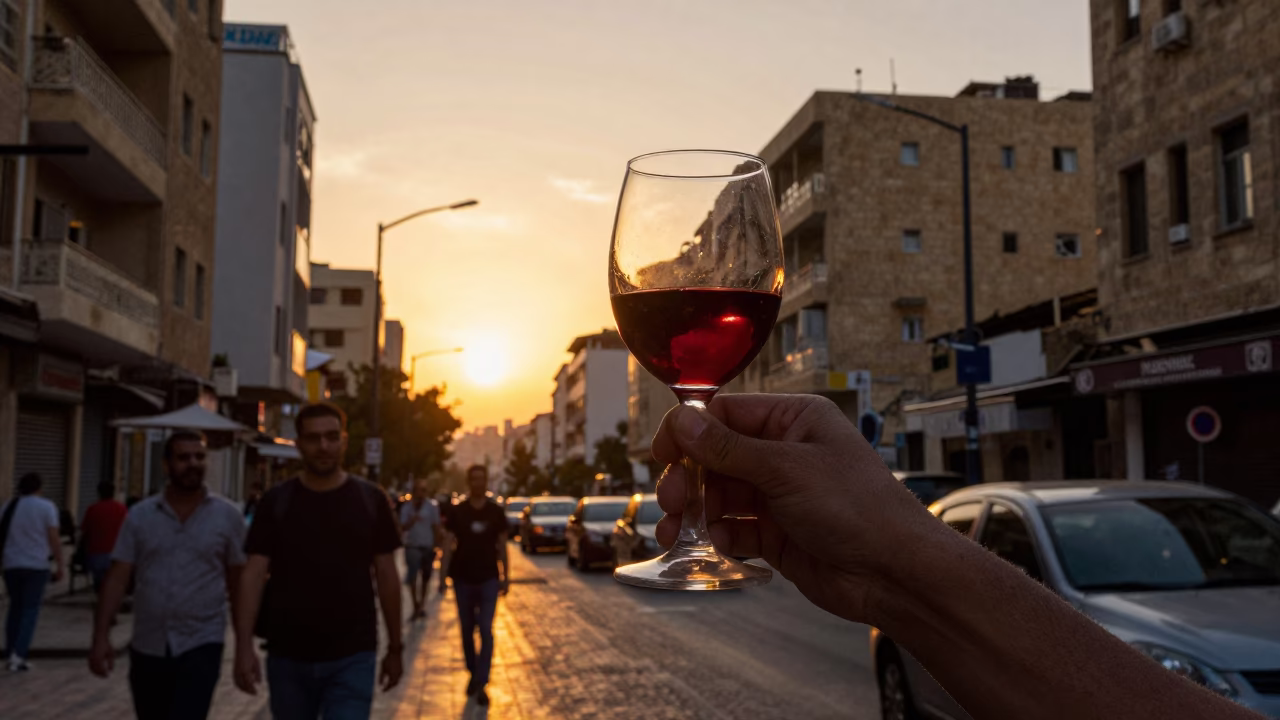 Sunset Street Scene in Beirut Lebanon with Red Wine Glass and Local Interaction in in Beirut, Lebanon