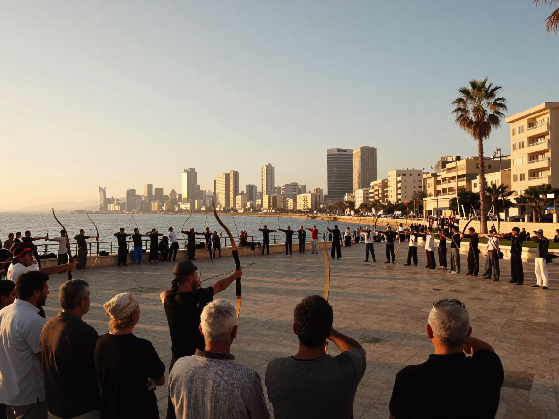 Sunset Street Scene in Beirut Lebanon with Traditional Archery Contest on Field in in Beirut, Lebanon