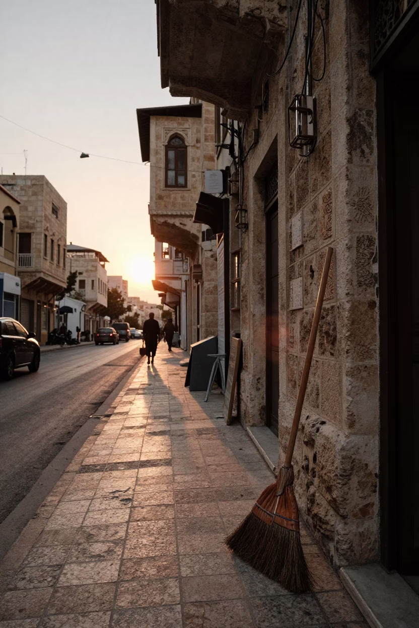 Sunset Street Scene in Beirut Lebanon with Vintage Broom and Leather Basketball in in Beirut, Lebanon