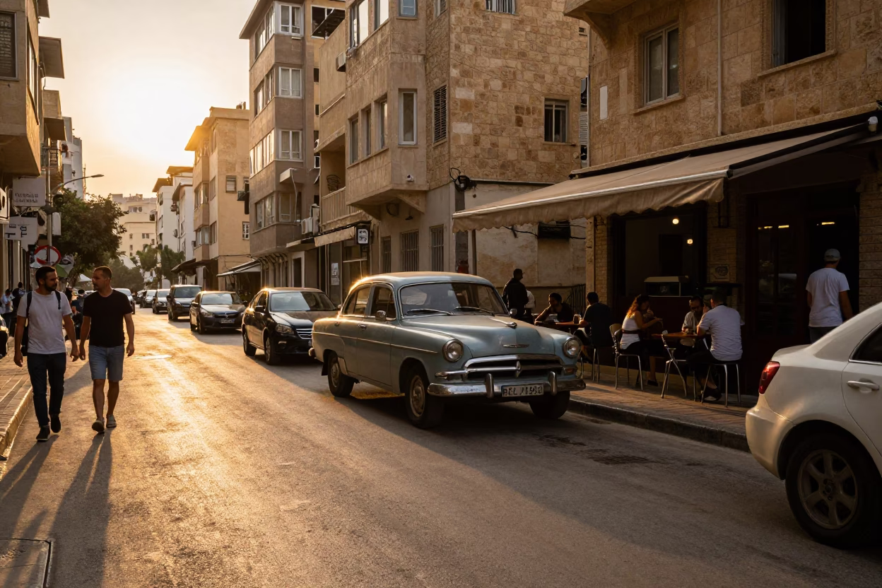 Sunset Street Scene in Beirut Lebanon with Vintage Cars and Local Life in in Beirut, Lebanon