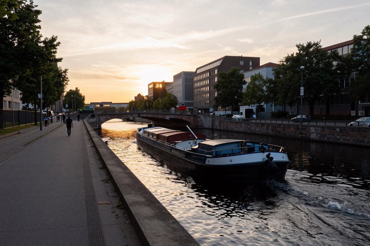 Sunset Street Scene in Berlin Germany with Canal Barge and Urban Architecture in in Berlin, Germany
