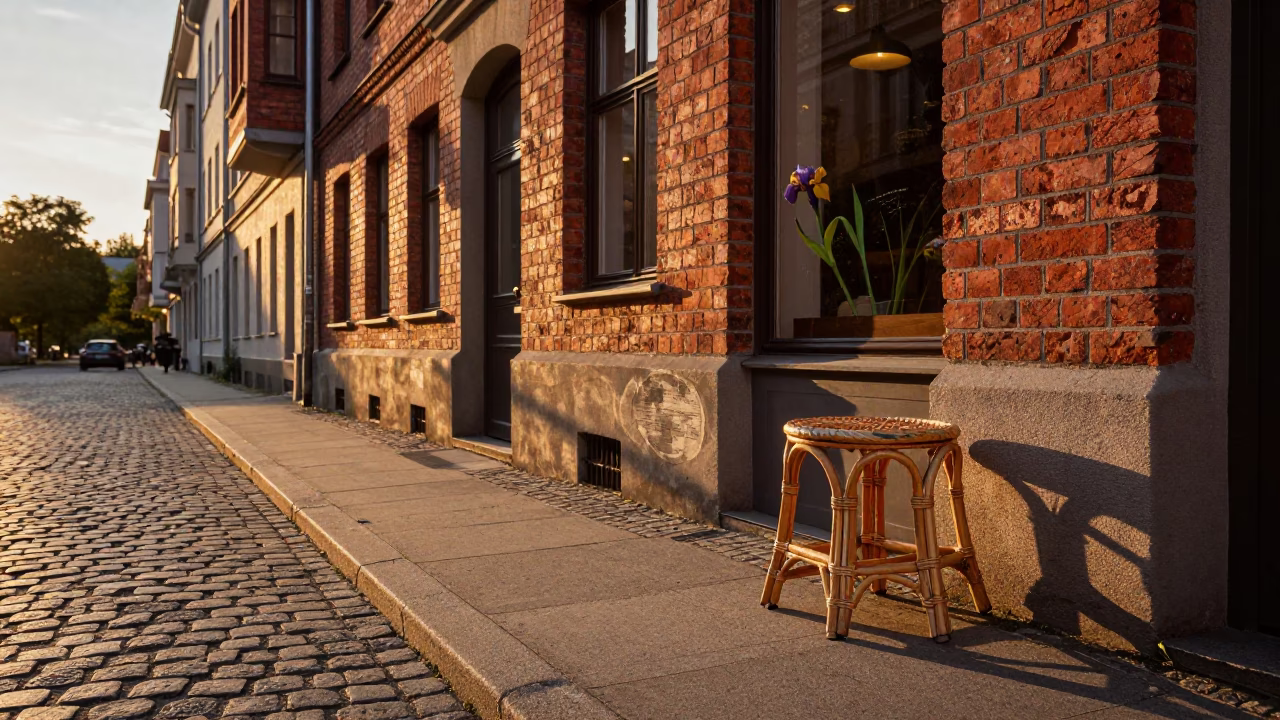 Sunset Street Scene in Berlin Germany with Rattan Stool and Iris Blossoms in in Berlin, Germany
