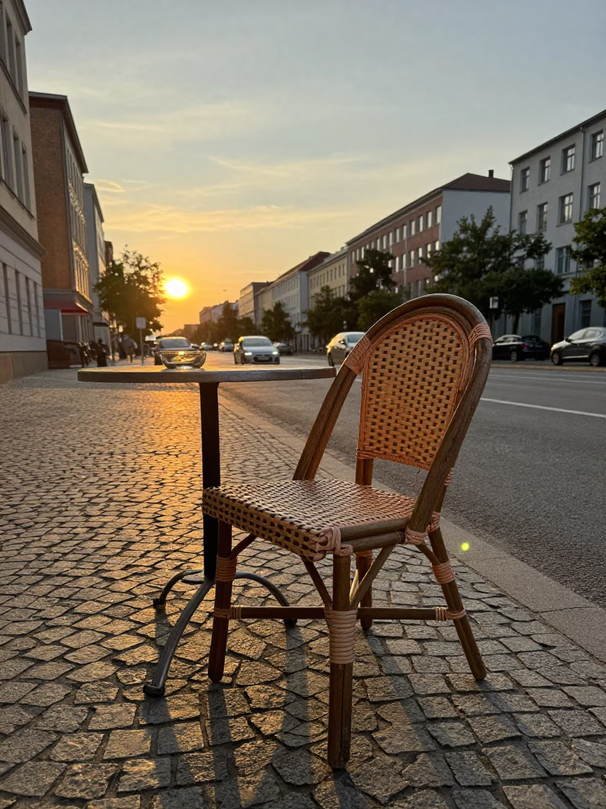 Sunset Street Scene in Berlin Germany with Vintage Rattan Chair and Ashtray in in Berlin, Germany